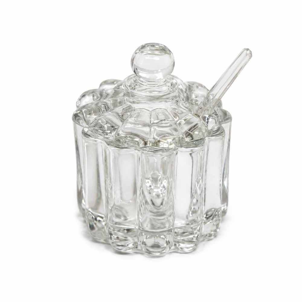 Heisey Crystolite Small Jam Jelly Jar With Lid & Spoon Salt Cellar ?